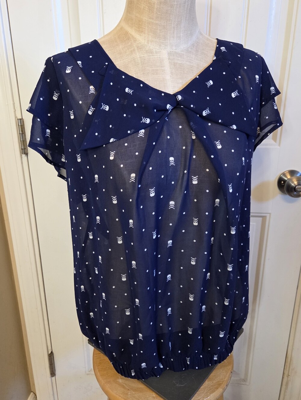 NWT Skull&Crossbones Polka Dot Print Semi-sheer Navy Blue Torrid Blouse